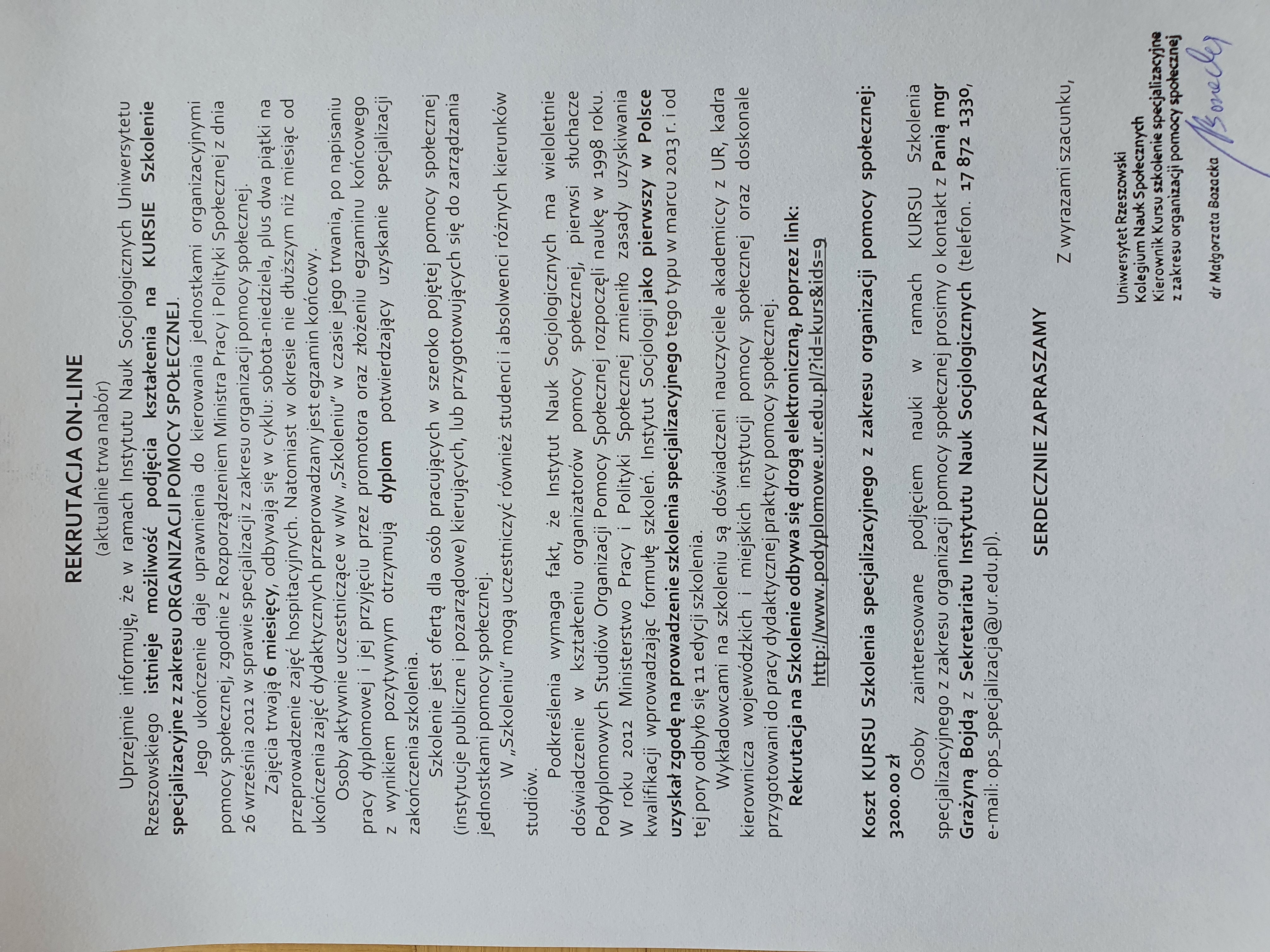 Plakat - informacje o kursie