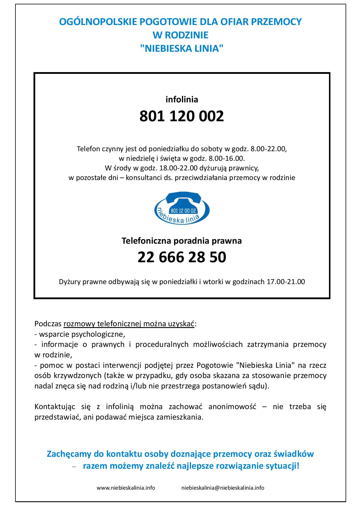 Plakat Ogólnoplskiego Pogotowia dla Ofiar Przemocy w Rodzinie Niebieska Linia