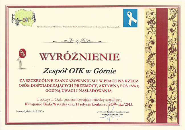 Wyróznienie dla OIK w Górnie za szczególne zaangażowanie w pracę na rzecz osób doświadczających przemocy